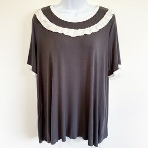 POL Ruffle Trim Short Sleeve Blouse Gray and White Large